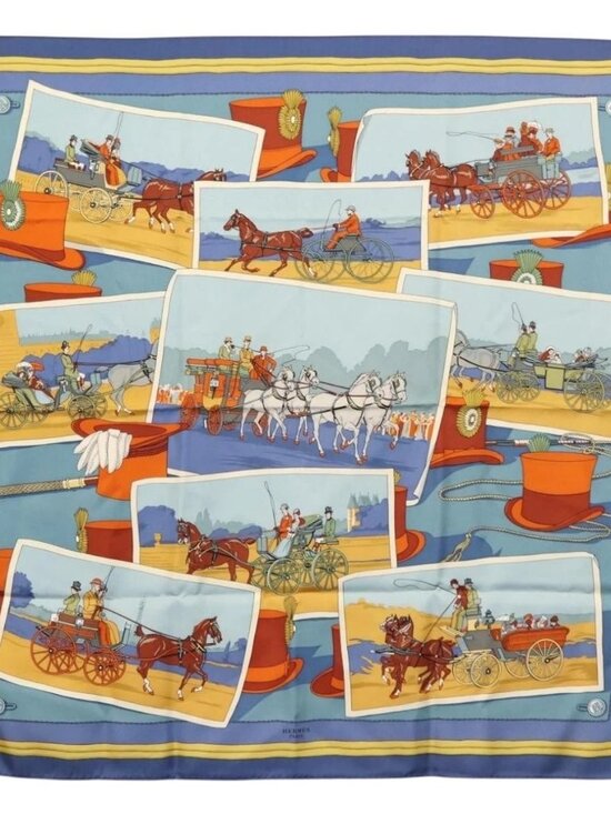 HERMES Carre 90 Scarf Silk ""Mail Coach"" Blue Auth bs30298 - Picture 1 of 9